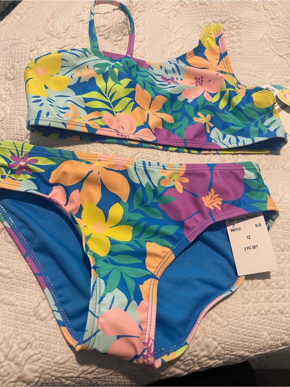 Girls Tropical Floral 2-Piece Bikini Set - Blue Multi Size 12 Breaking Waves NEW